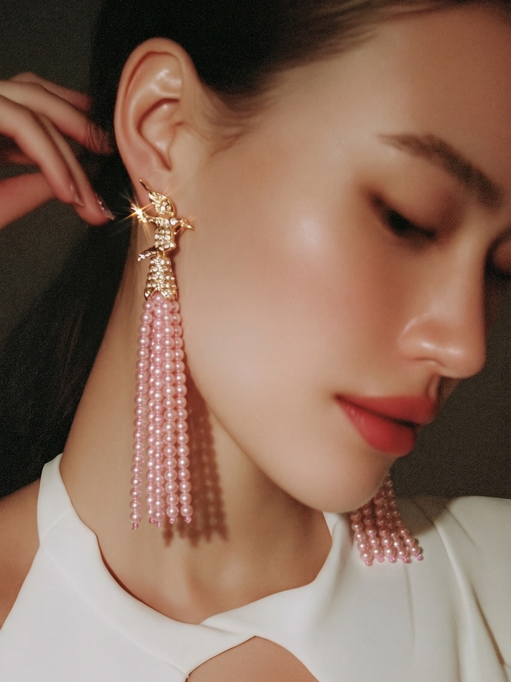 Elegant Pink Pearl Tassel Drop Earrings - Gold Accent